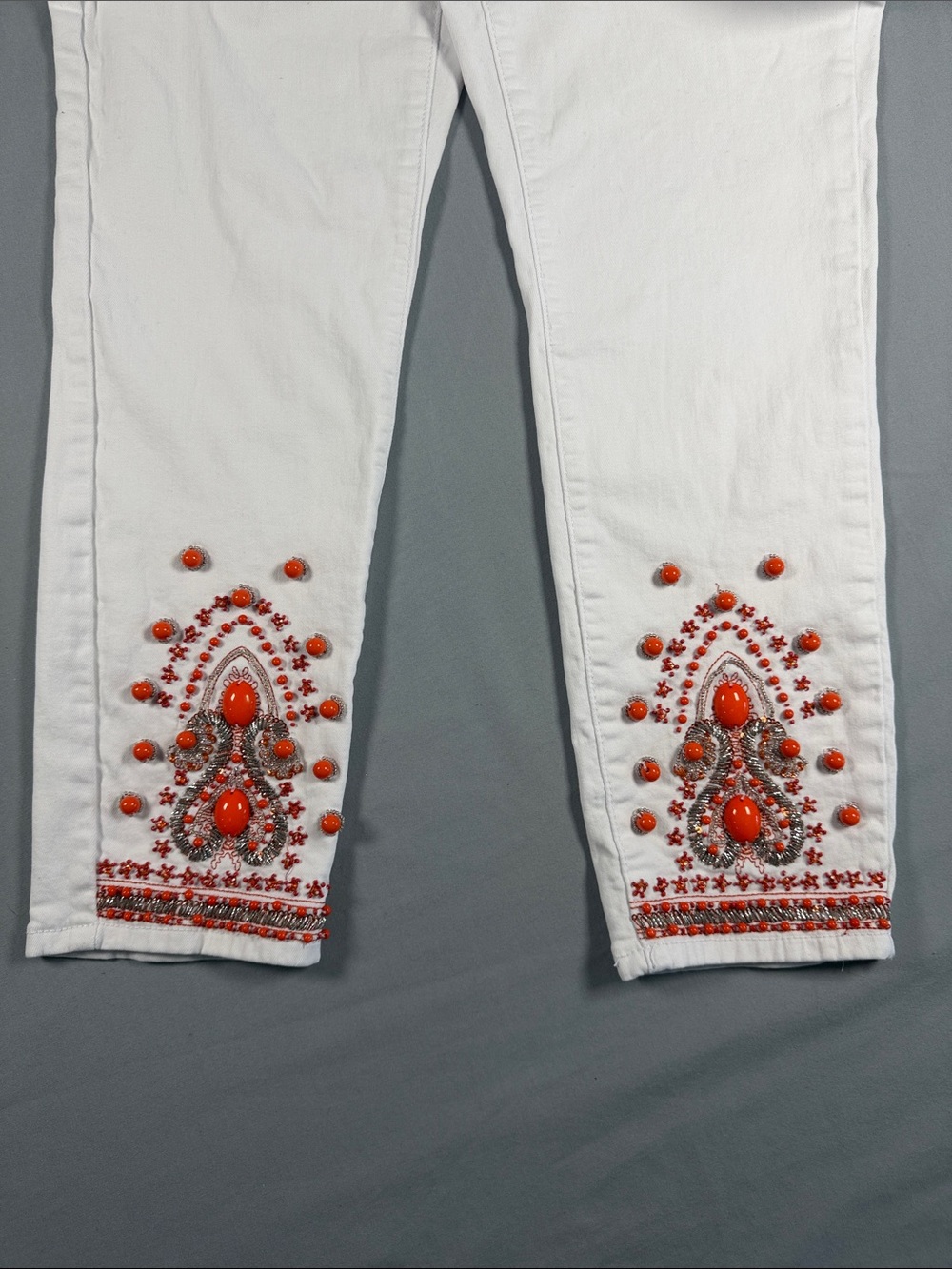 Boston Proper White Beaded Orange Stone Embellished Stretch Ankle Jeans Size 12 - Picture 3 of 10